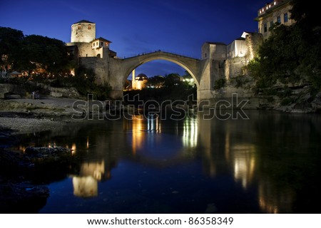 Old Bridge in Mostar at night, Bosnia and Herzegovina. The bridge was reconstructed in 2003 after the original from 1556