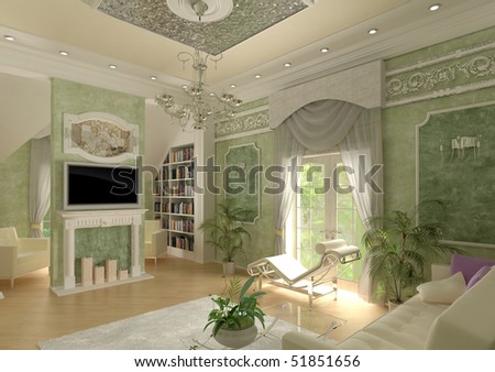3D interior apartments with a sofa, an armchair in light green tone