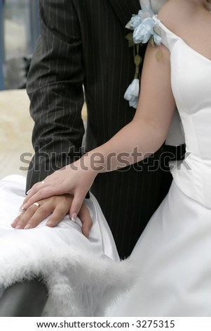 Gently connected hands of a newly-married couple with wedding rings on a finger on a background of a white wedding dress