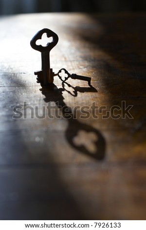 Composition from ancient keys with greater shadows on a surface old locker