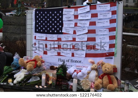 NEWTOWN, CONNECTICUT., USA-DEC 16: Sandy Hook Elementary School shooting. Flag of Honor, December 16, 2012 in Newtown, Connecticut, USA