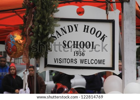 NEWTOWN, CT., USA, DEC 16, 2012: Sandy Hook Elementary School shooting, Sandy Hook hanging sign, Dec 16, 2012 in Newtown, CT., USA