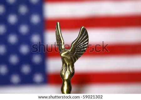 Bronze eagle against flag