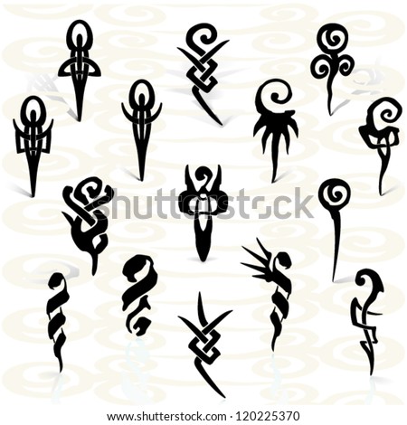 Abstract illustration of fifteen TATTOO wedges. Body-art SET. Sea curl pattern and celtic interlacing. Tattoo. Vintage. Vector.