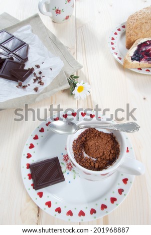 Hot sweet cocoa drink with milk and chocolate