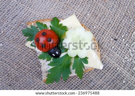 Nice red lady-bird on bread with vegetable on wooden board with napkin