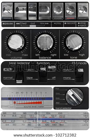 Vintage audio knobs set, amplifier, cassette deck, radio scale, volume meter