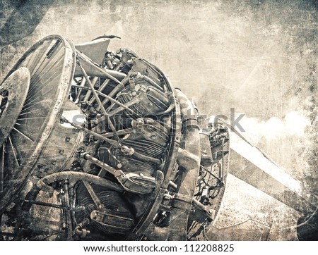 Grunge aviation background, old airplane engine close up