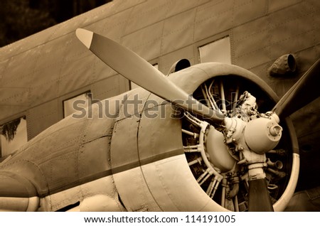 Old aircraft engine, vintage plane close up
