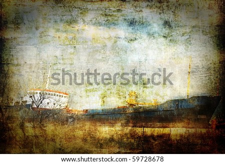 Old rusty cargo ship, abstract grunge background, dark scratched surface