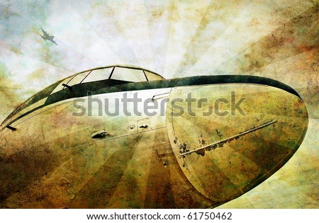 Grunge aviation background, old military plane, dirty scratched background