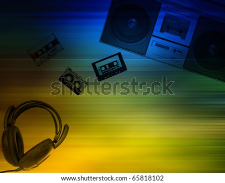 Abstract music background, blue and yellow color, old radio receiver, headphones, audio cassette