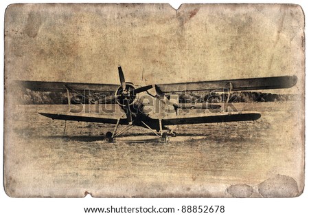 Vintage military postcard isolated on white background, old biplane