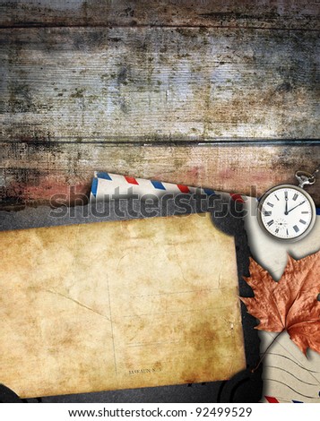 Vintage background with post card on wooden background