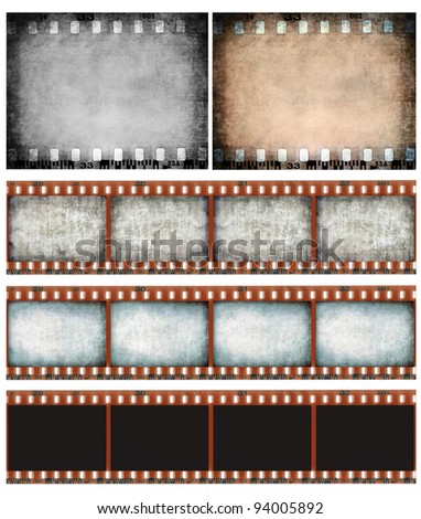 Grunge color filmstrip texture, scratched photo film frame set isolated on white background