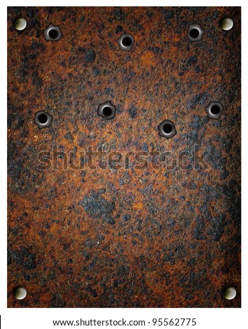 Bullets holes, rusty metal plate with bullets holes