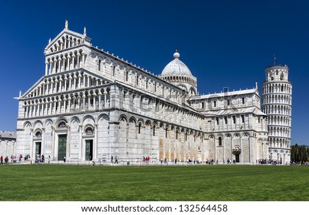 Campo dei Miracoli. Pisa world famous Leaning Tower and Duomo, built in medieval times, attraction of Tuscany and Italy.