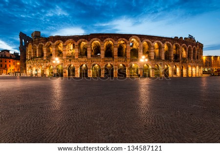 Verona amphitheatre, completed in 30AD, the third largest in the world, at dusk time. Roman Arena in Verona, Italy