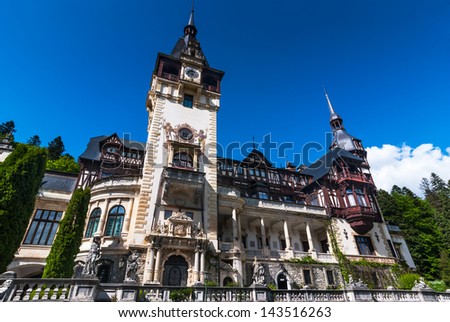 Peles Castle, built by King Carol I as summer residence, in Gothic style with german Neo-Renaissance facade, after 1873. Sinaia in Carpathian Mountains, Romania