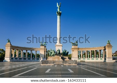 Budapest, Hungary. Heroes\' Square, Hosok Tere or Millennium Monument, major attraction of city, with 36 m high Corinthian column in center.