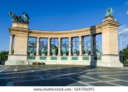 Budapest, Hungary. Heroes\' Square is one of the major attraction, rich with historic and political connotations, completed in 1900.