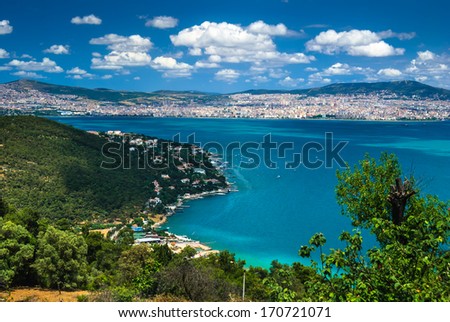 View of Asian Side of Istanbul, from Buyukada Island, with Marmara Sea landscape.