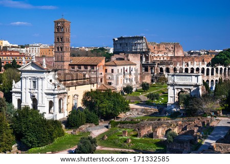Rome, Italy. Image with ruins of ancient Roman Forum and Coliseum (Colosseum), from Roman Empire civilization.