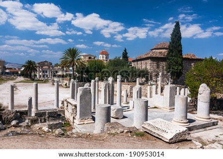 Athens, Greece. Ancient ruins of Roman Agora, city center in Roman Empire greek culture.