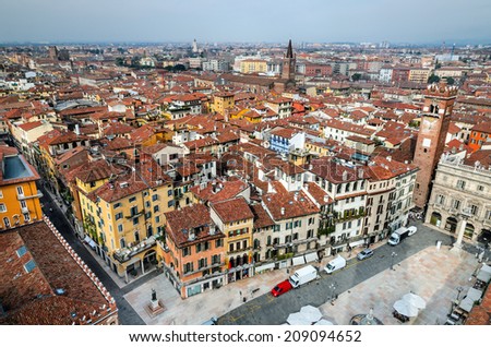Panorama of Verona, Italy, with Piazza delle Erbe and ancient city of Romeo and Juliet.