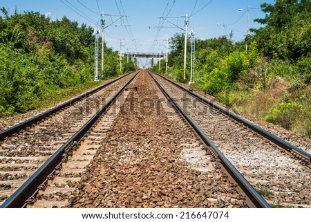 Electric railroad tracks in Romania, main rail line across the country.