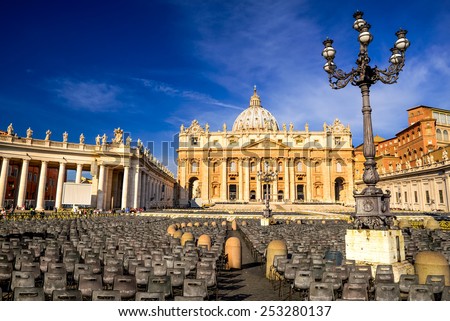 Sunrise at St. Peter Basilica from Vatican, main religious Catholic Church, Holy See and Pope residence. Italy landmark.