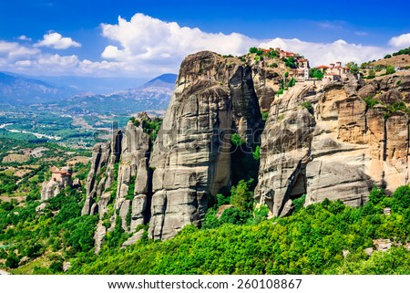 Meteora, Greece. Mountain scenery with Meteora rocks and Geat Meteor Monastery, landscape place of monasteries on the rock, orthodox religious greek landmark in Thessaly