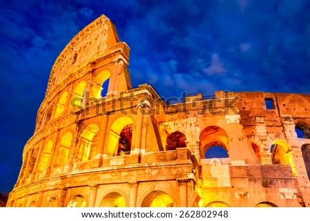 Colosseum, Rome, Italy. Twilight view of Colosseo in Rome, elliptical largest amphitheatre of Roman Empire ancient civilization.