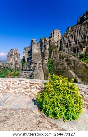 Meteora, Greece. Mountain scenery with Meteora rocks landscape place of monasteries on the rock, orthodox religious greek landmark in Thessaly