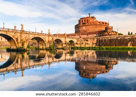 Rome, Italy. Bridge and Castel Sant Angelo and Tiber River. Built by Hadrian emperor as mausoleum in 123AD ancient Roman Empire landmark.