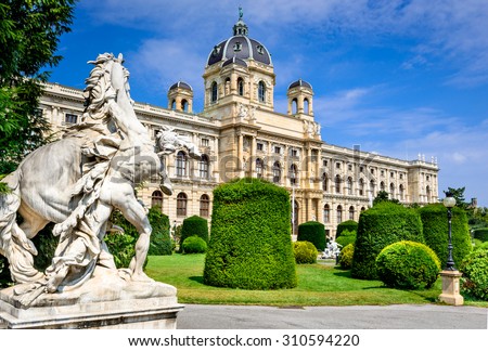 Vienna, Austria. Beautiful view of famous Naturhistorisches Museum (Natural History Museum) with park Maria-Theresien-Platz and sculpture in Vienna, Austria