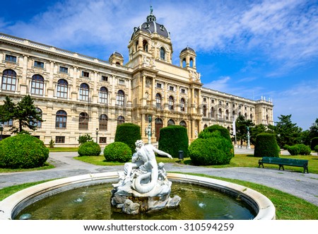 Vienna, Austria. Beautiful view of famous Kunsthistorisches (Fine Arts Museum) with park Maria-Theresien-Platz and sculpture in Vienna, Austria