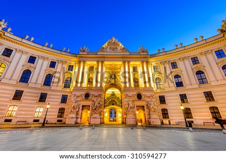 Vienna, Austria. Hofburg Palace seen from Michaelerplatz, wide-angle view at dusk, Habsburg Empire landmark in Vienn