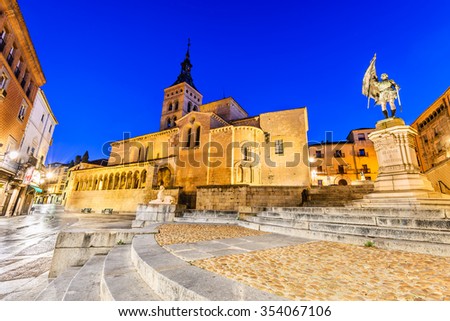 Segovia, Spain. Plaza de Medina del Campo with San Martin Church, twilight of Castile, Castillia.