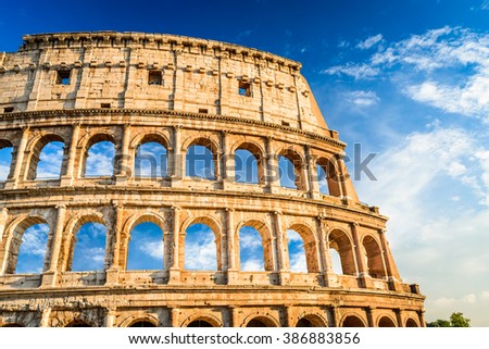 Rome, Italy. Colosseum in Roma, Italia. Symbol of the ancient city. Amphitheatre in sunset light.