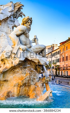 Rome, Italy. Fountain of the Four Rivers (Fontana dei Quattro Fiumi) with an Egyptian obelisk.  Piazza Navona is one of the most famous squares of Rome