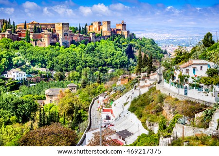 Granada, Spain. Famous Alhambra seen from Sacromonte, Nasrid Emirate fortress, European travel landmark in Andalusia.