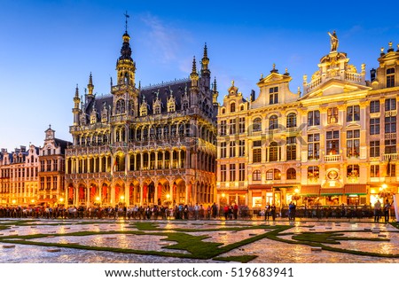 Brussels, Belgium. Wide angle night scene of the Grand Place and Maison du Roi, one of Europe finest historic squares and a must-see sight of Bruxelles.