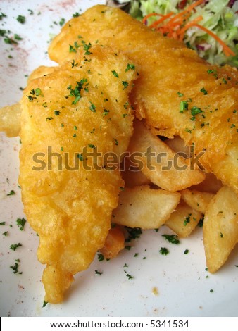 Gourmet fish and chips garnished with parsley flakes and served with side salad.