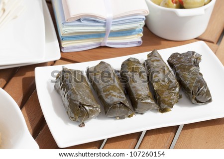 Stuffed grape leaves tapas ready for a summer party