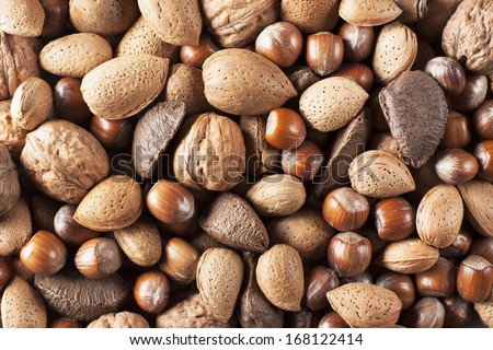Mixed whole nuts, brazil nuts, hazelnuts, almonds and walnuts.