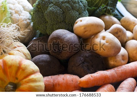 Winter vegetables including beetroot, carrots and potatoes.