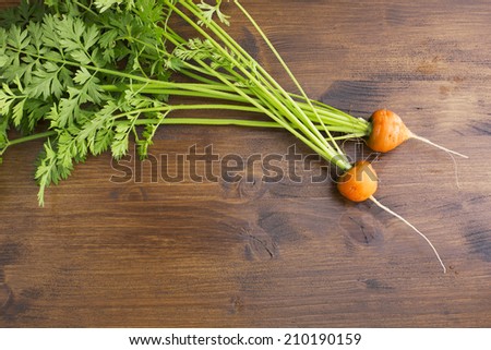 Round romeo carrots just harvested on a wooden table.