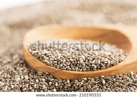 Dark Chia seeds on wooden spoon.  Heart healthy source of omega-3s