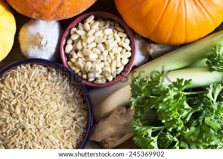 Brown rice and pine nuts other ingredients, healthy eating still life